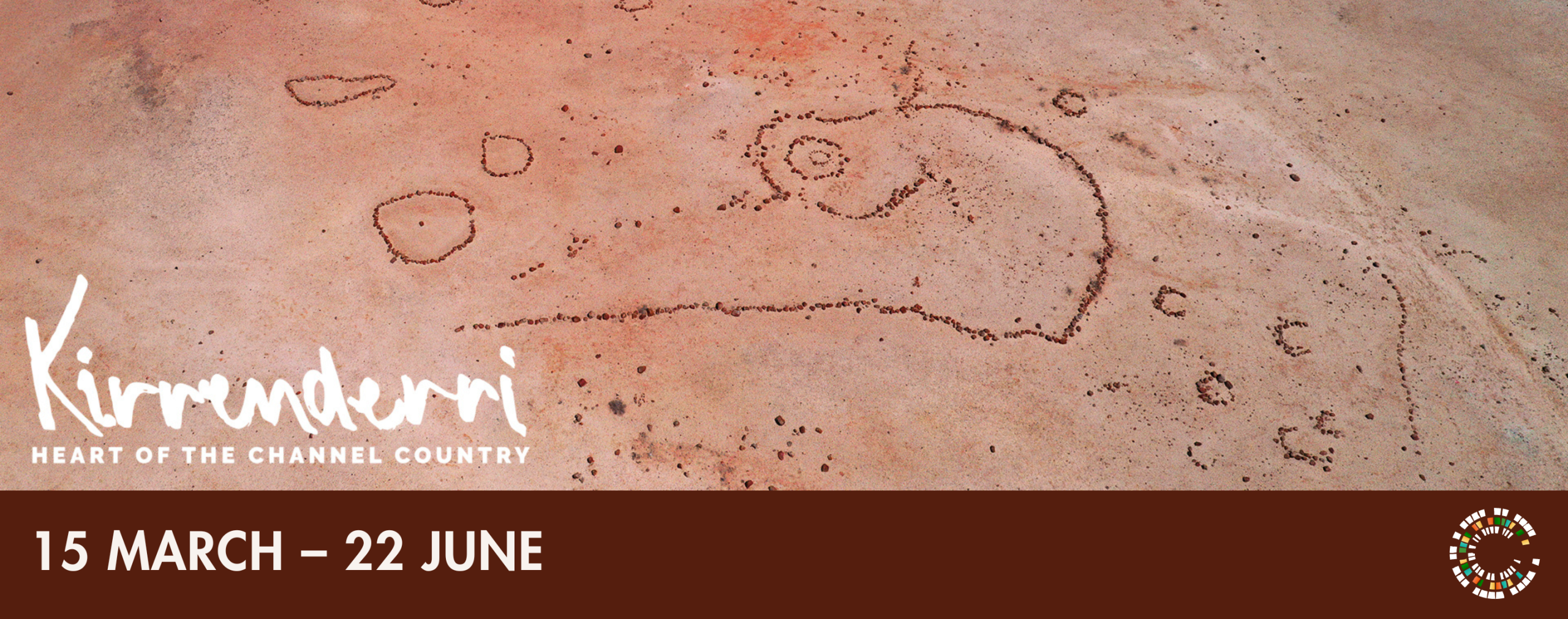 aerial view of the Mithaka Stone Arrangement with Kirrenderri exhibition dates, 15 march to 22 June 2024