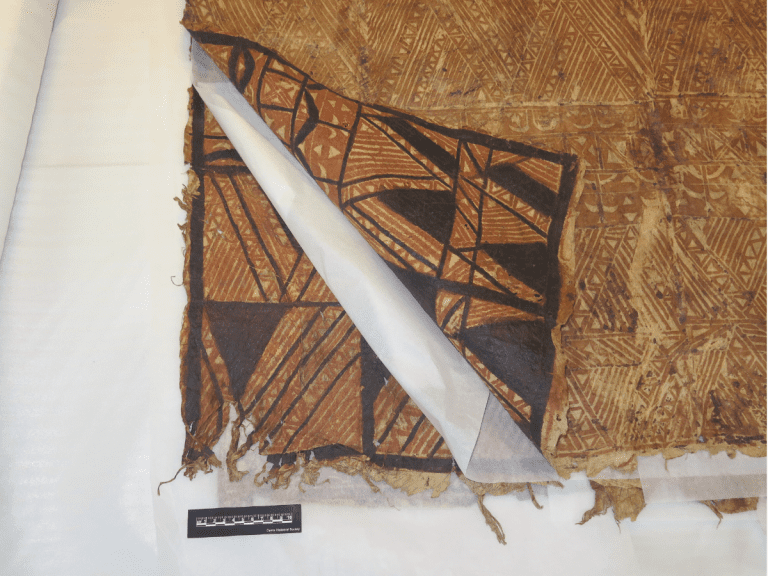 PNG tapa cloth on display in the Han Mak Belong Tumbuna exhibition at Cairns Museum