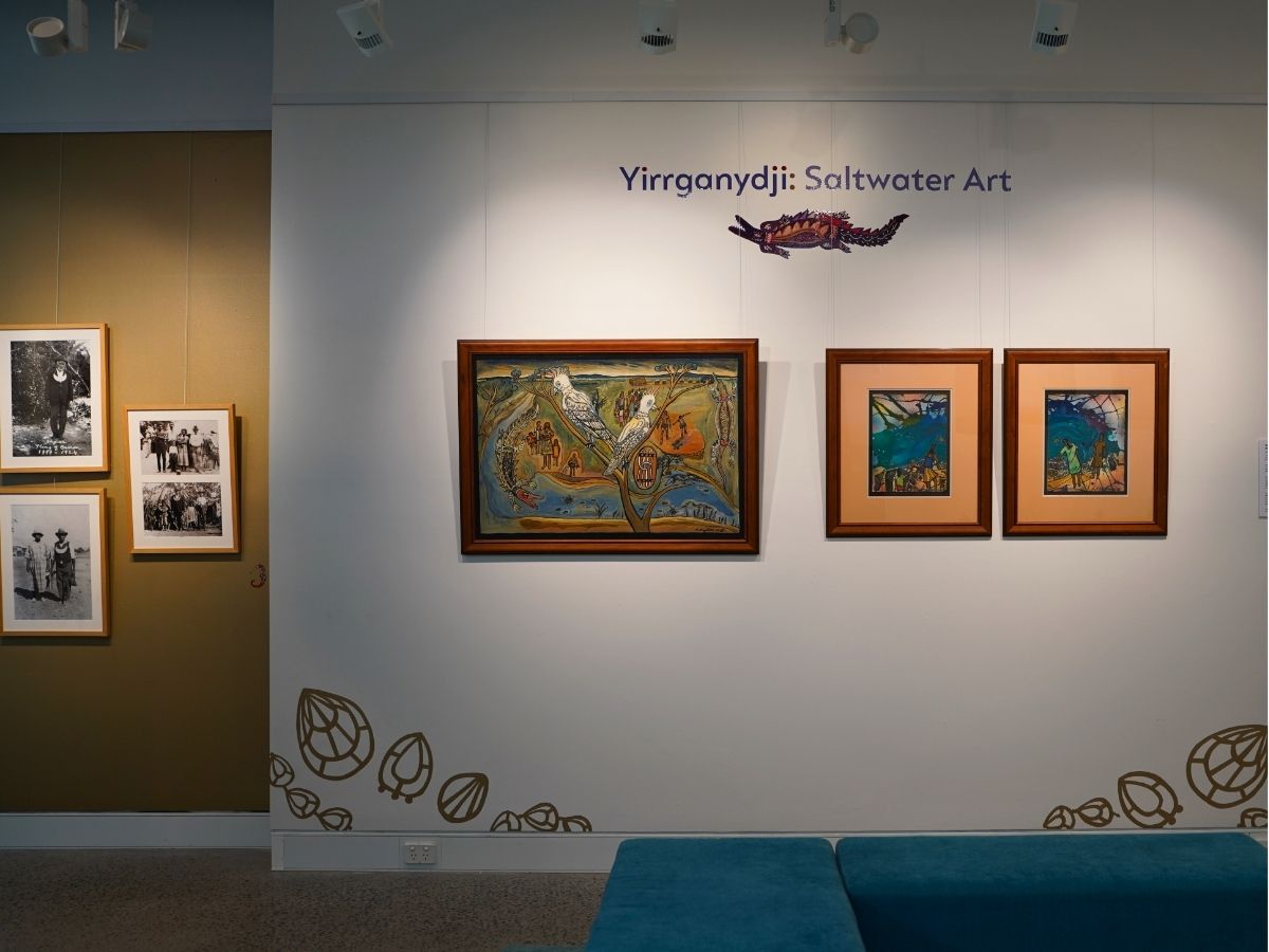 Installation view of Yirrganydji: Saltwater Art showing artworks by Patricia Singleton.